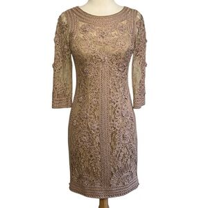 Sue Wong Nocturne Crochet Lace ribbon and rosette mesh sheath Beige dress size 2